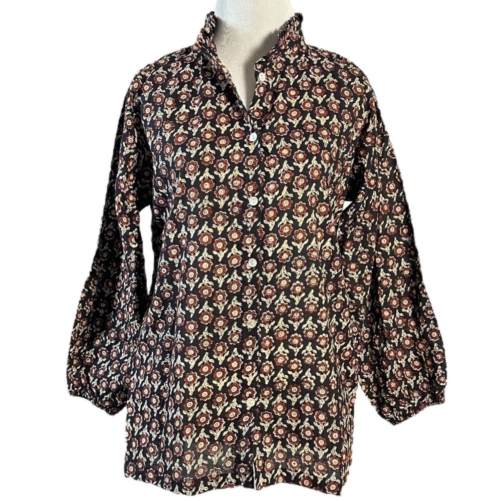 Mod’s Mahal Indian Cotton Block Print Retro 70s Button Down Shirt Size Medium